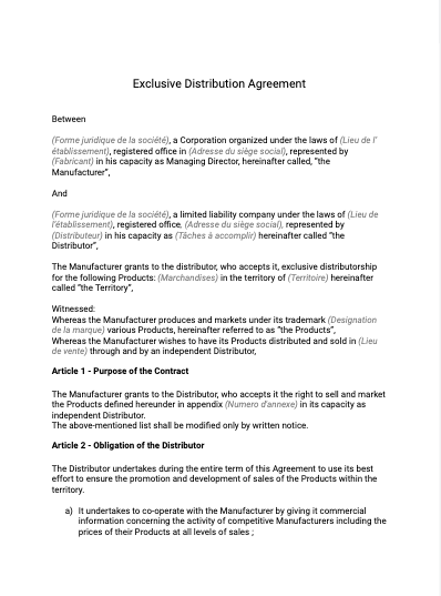 Contrat De Distribution Exclusive Document Et Mod le T l charger